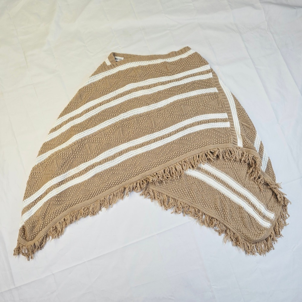 Us Three Women's One Size Tan Striped Fringe Knit Poncho Wrap